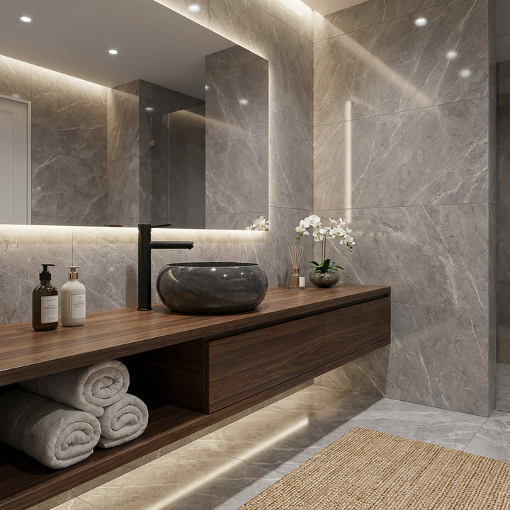Lavabo de mármol con encimera redonda sobre tocador flotante de madera en un elegante baño spa, combinado con grifo negro, baldosas de piedra de gran formato e iluminación indirecta