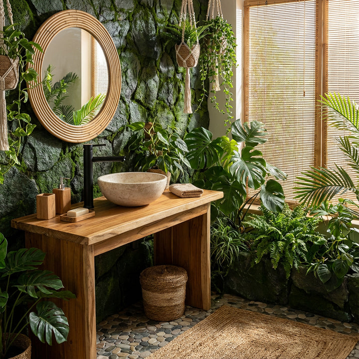Lavabo sobre encimera redondo de piedra clara sobre un lavabo de madera con accesorios negros en un ambiente de baño spa verde