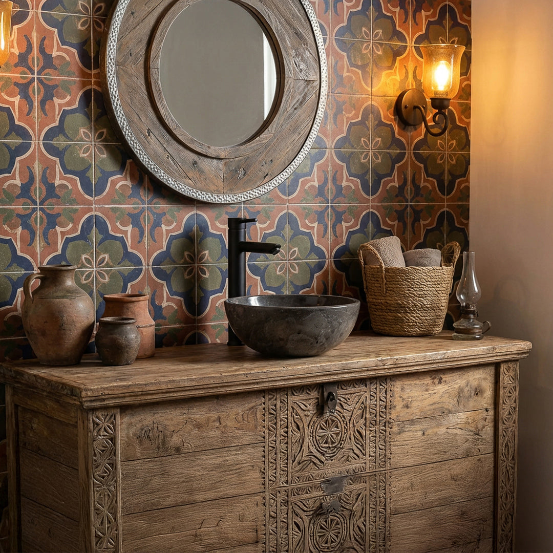 redondo Lavabo Mármol sobre tocador de madera tallada en baño oriental con azulejos estampados