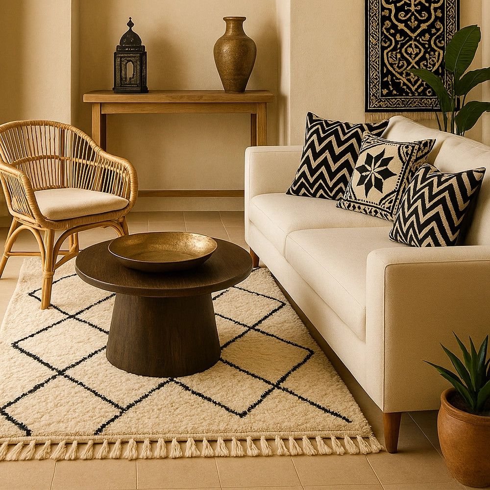 Wohnzimmer mit hellem Beni Ourain Teppich, beigefarbenem Sofa, großer Terrakotta-Pflanze und orientalischem Holzmobiliar