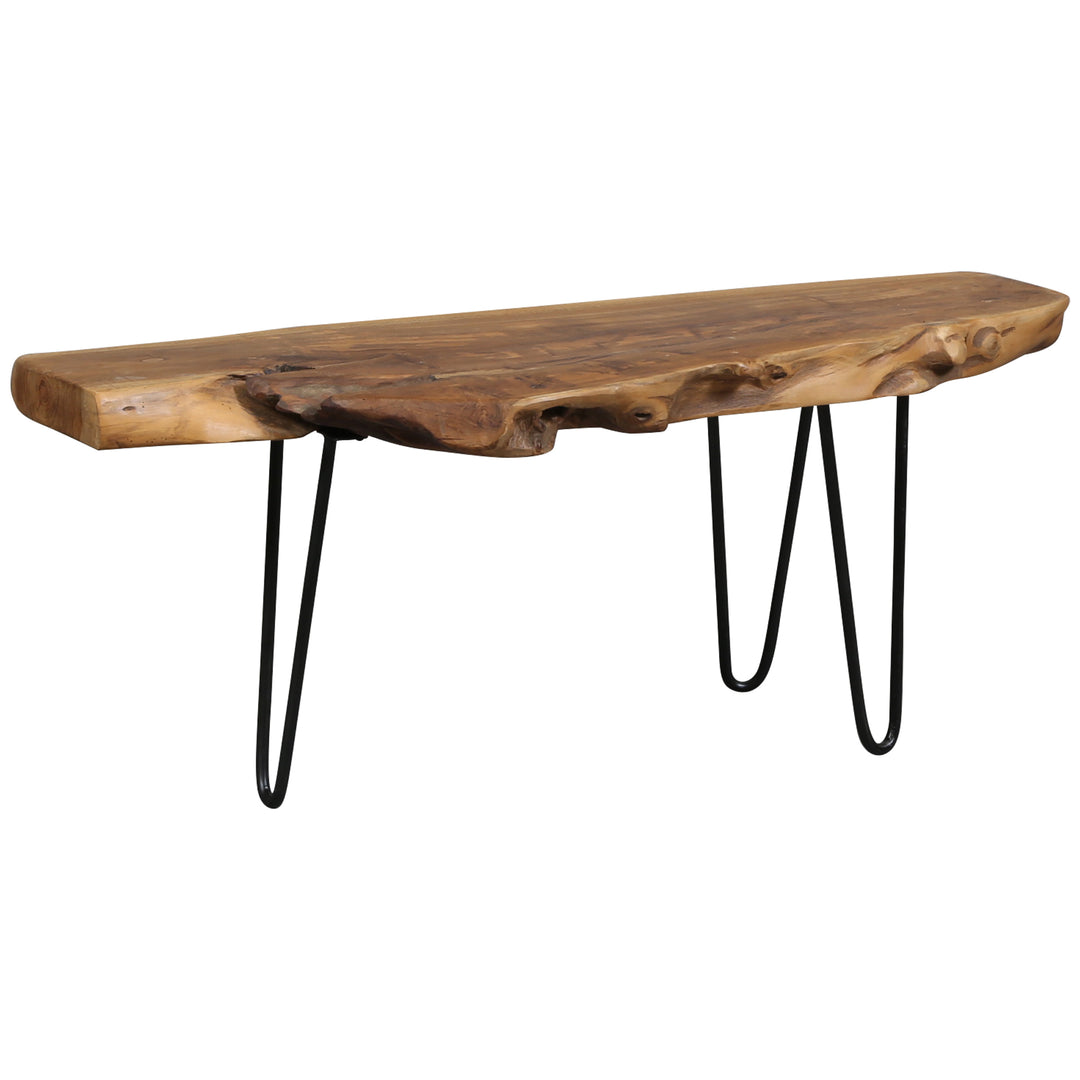 Naturgewachsene Teakholz-Blumenbank mit filigranen Metallbeinen für Wohnzimmer
