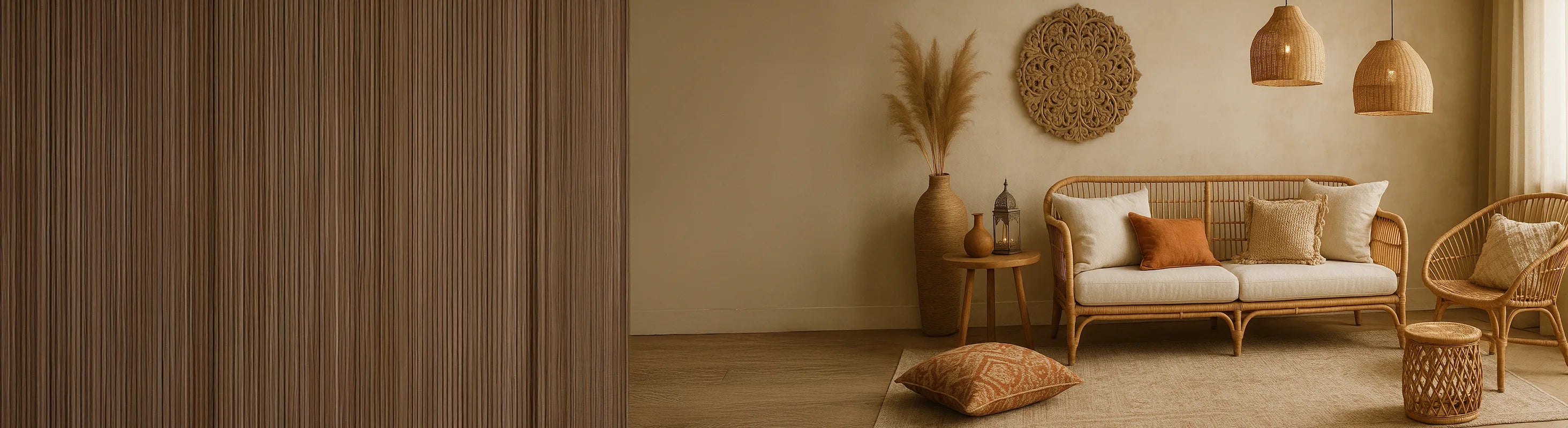 estilo bohemio – Boho Style Chic Wohnzimmer mit Rattanmöbeln, Naturtönen, gewebten Kissen, geflochtenen Lampen und marokkanischen Dekoakzenten
