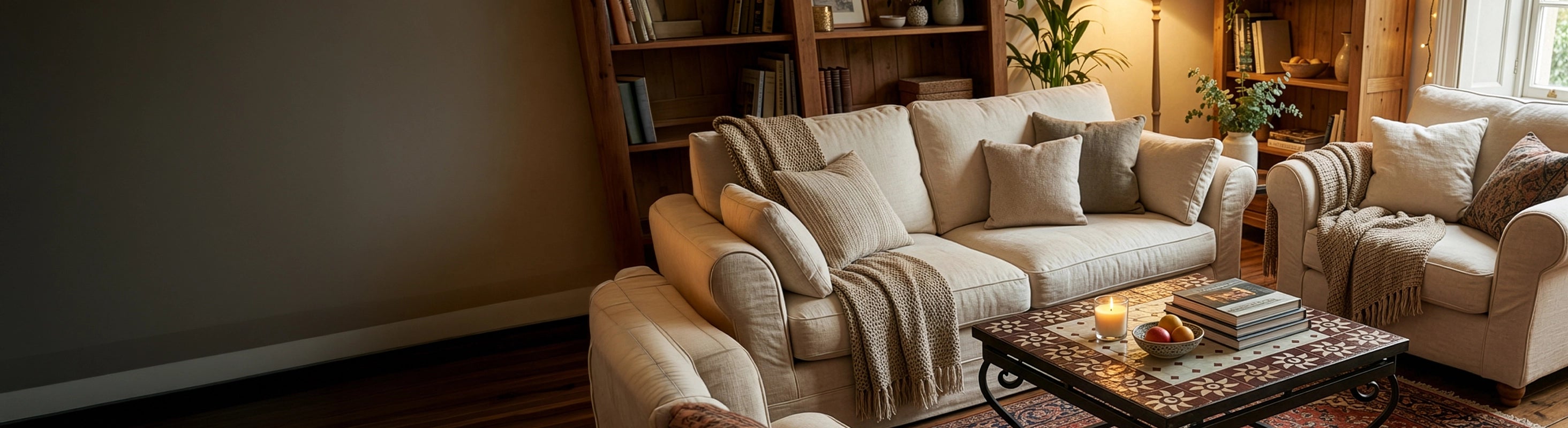 Mesas sofá mosaico 60x60 – Niedriger Mosaiktisch 60x60 cm mit Zellige-Fliesen als Couchtisch im Wohnzimmer vor Sofa mit Kissen, Kerze und Dekoration