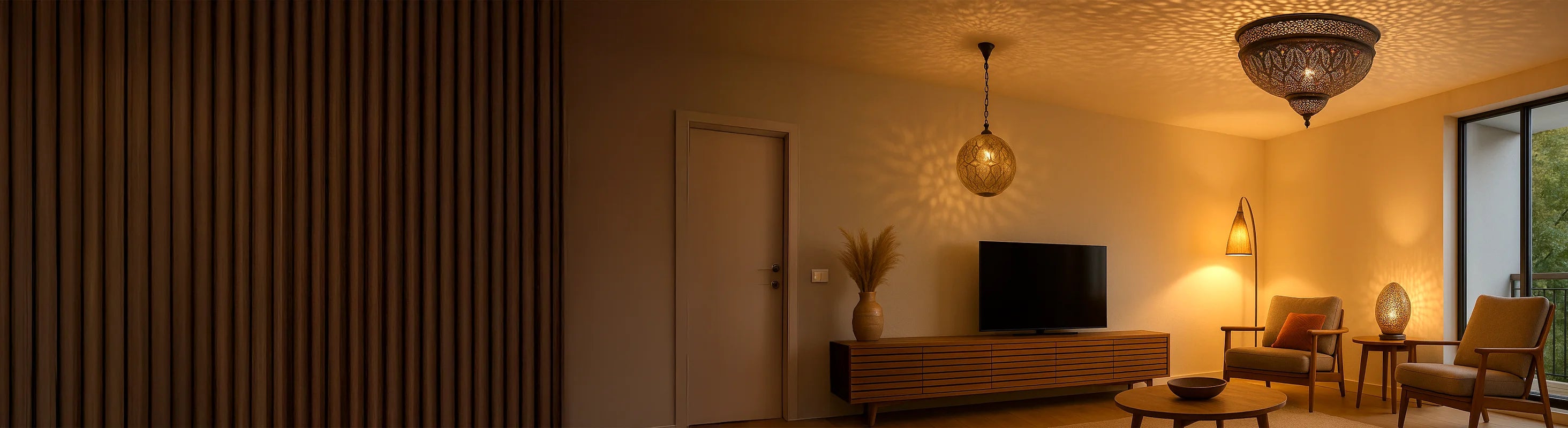 Lámparas de techo – Wohnzimmer mit handgefertigten Deckenleuchten, Stehlampe und Tischleuchte – stimmungsvolle Beleuchtung in warmem Ambiente