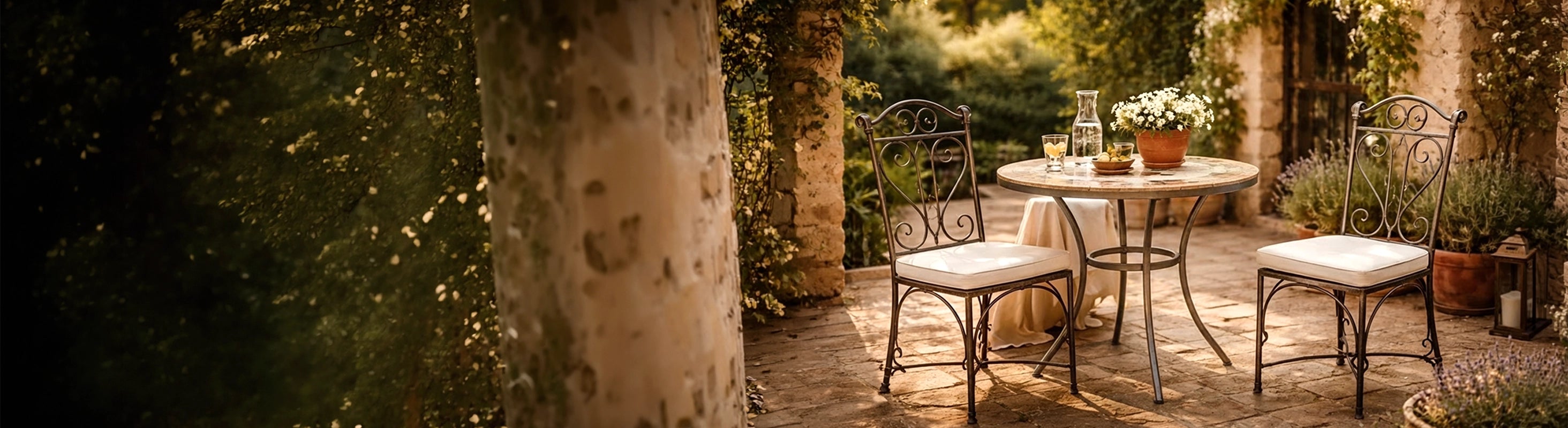 Sillas de hierro – Schmiedeeiserne Stühle mit Sitzkissen an rundem Tisch auf mediterraner Terrasse mit Natursteinboden und Pflanzen