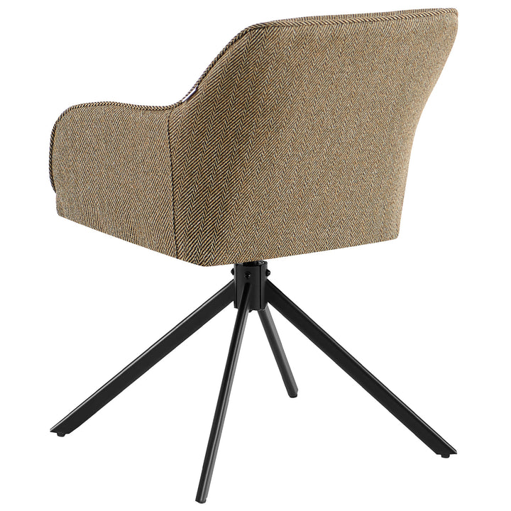 Rückansicht eines 360° drehbaren Polsterstuhls mit Armlehnen in Braun, gepolsterte Rückenlehne im Fischgrätmuster und schwarzes Metallgestell in Stativform