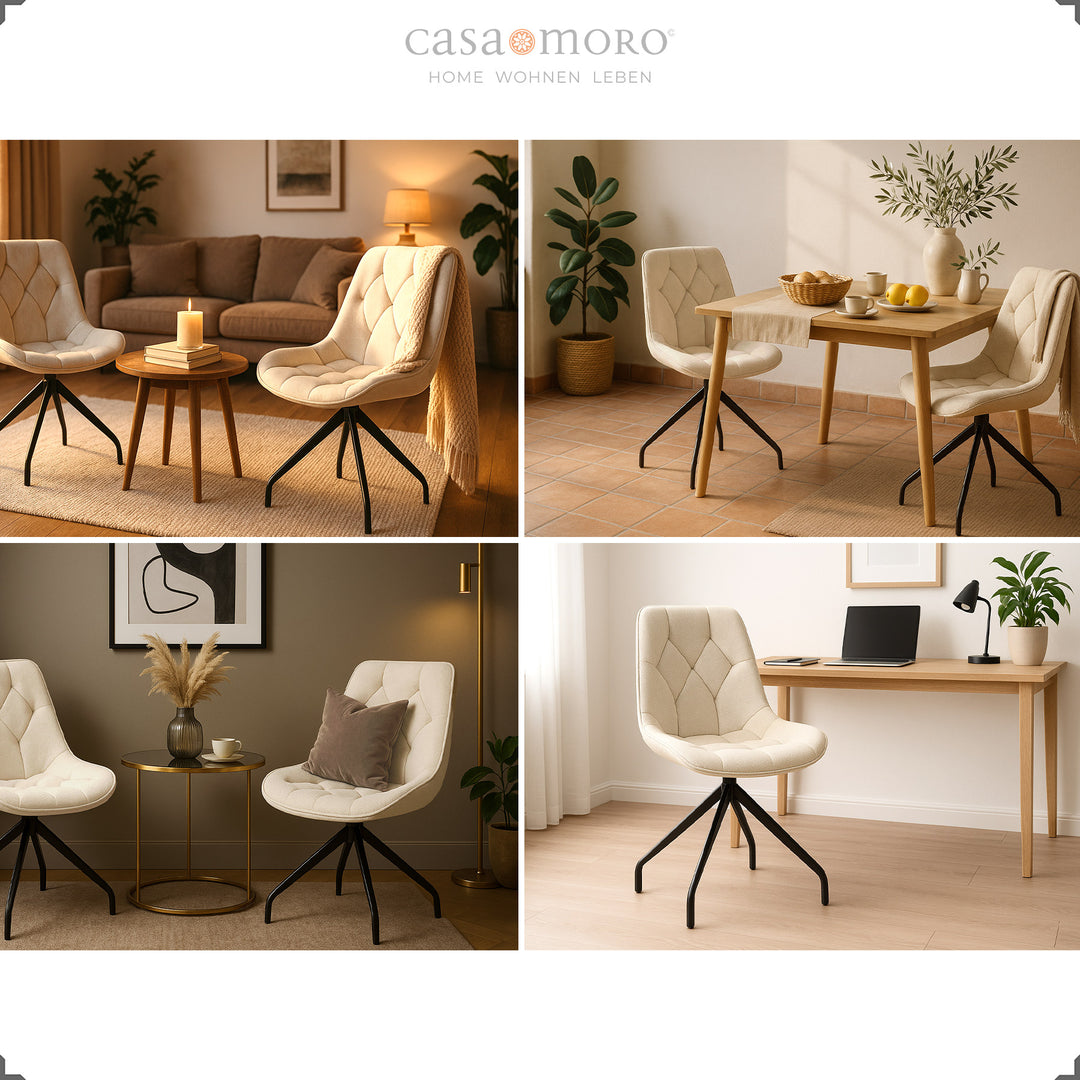 Vier Polsterstühle 360° drehbar in Beige mit schwarzem Metallgestell – vielseitig inszeniert in Wohnzimmer, Esszimmer, Küche und Homeoffice