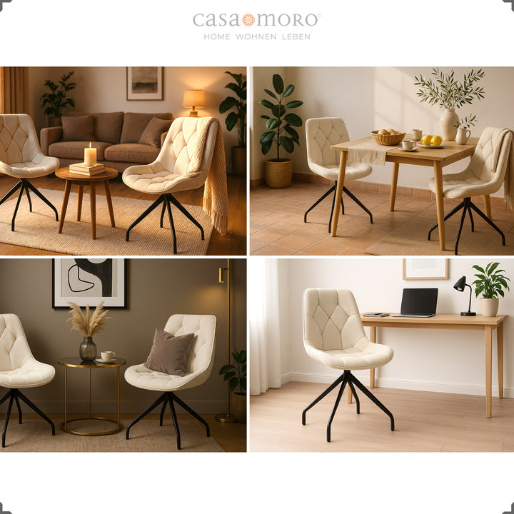 Vier Polsterstühle 360° drehbar in Beige mit schwarzem Metallgestell – vielseitig inszeniert in Wohnzimmer, Esszimmer, Küche und Homeoffice