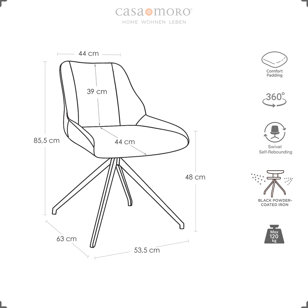 Zeichnung eines 360° drehbaren Esszimmerstuhls in Hellbraun mit Maßangaben, Symbolen zu Komfortpolsterung, Auto-Return-Funktion und Metallgestell