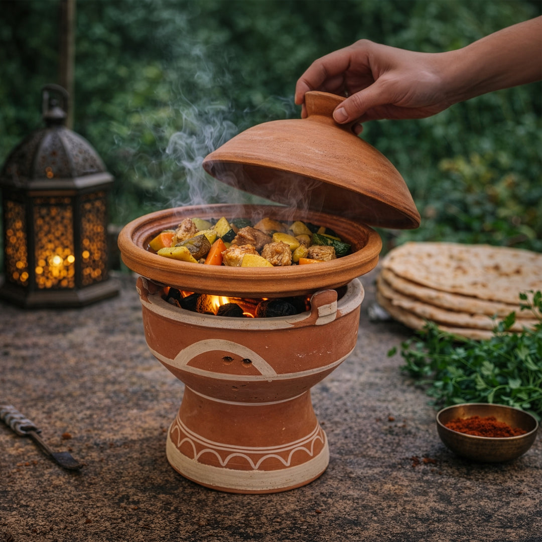 Tajine sobre calentador de arcilla mejmar para carbón, parrilla de mesa marroquí con brasas abiertas para Tagine