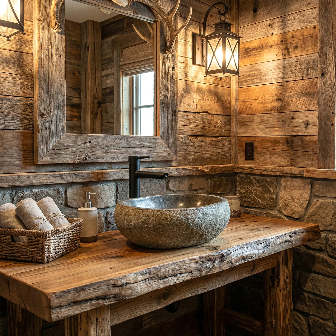 Lavabo hecho de piedra de río en un baño rústico sobre una consola de madera maciza con accesorios negros e iluminación cálida