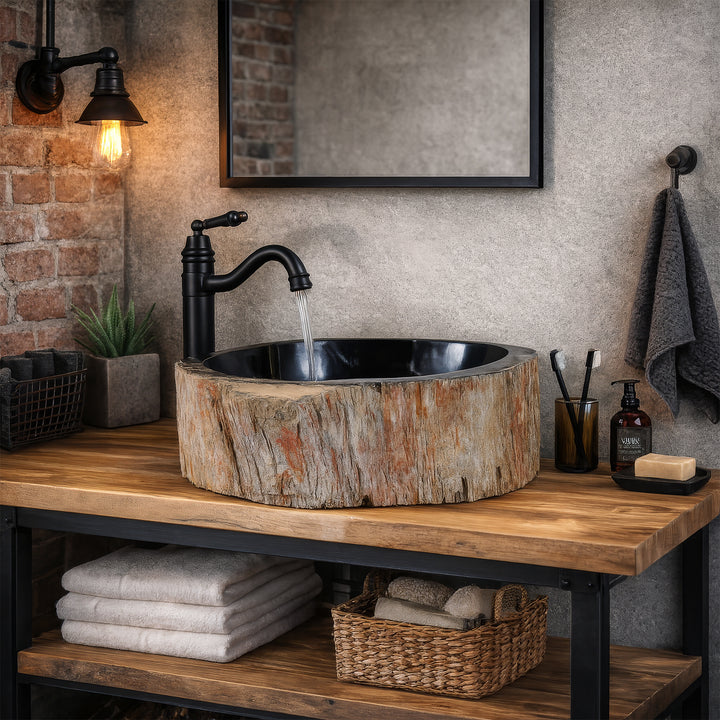 Lavabo sobre encimera de madera fósil con superficie interior oscura, lavabo redondo de piedra sobre consola de madera y metal en el baño industrial con grifería negra.