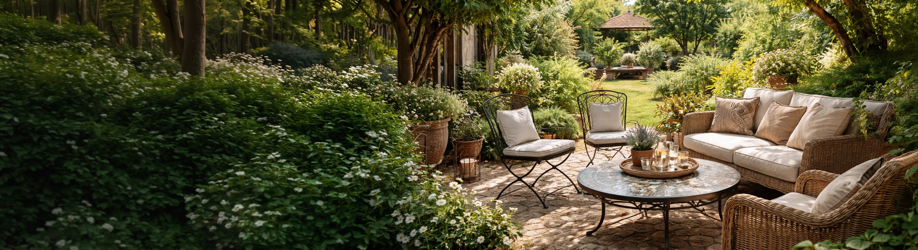 Sillas y sofás de jardín – Garten mit Sitzgruppe aus Rattan-Sofa und Eisenstühlen rund um Mosaiktisch auf Naturstein-Terrasse im Grünen
