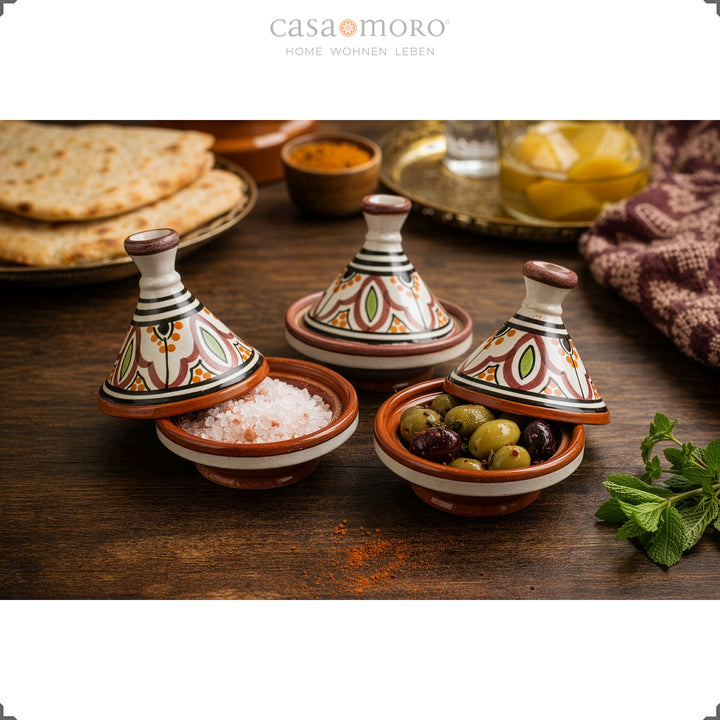 especia Tajine Juego de 3 piezas de cerámica pintada a mano para servir sal, aceitunas y especias.