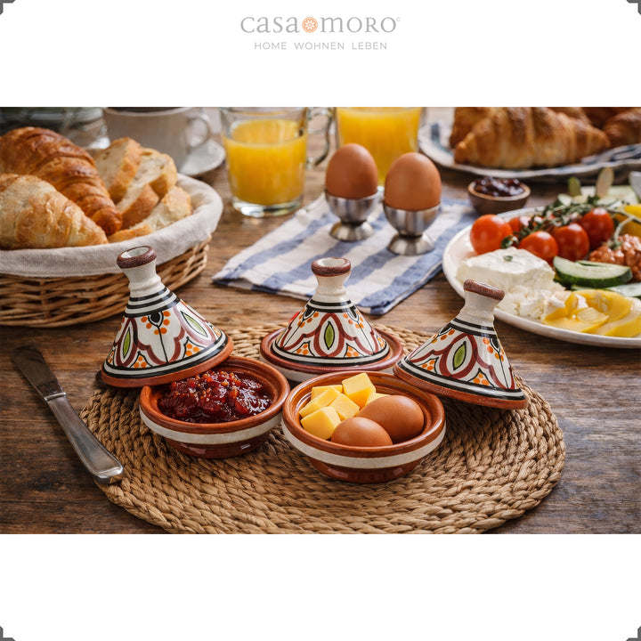 especia Tajine Juego de 3 piezas de cerámica pintada a mano para servir mermelada, huevos y especias en la mesa del desayuno.