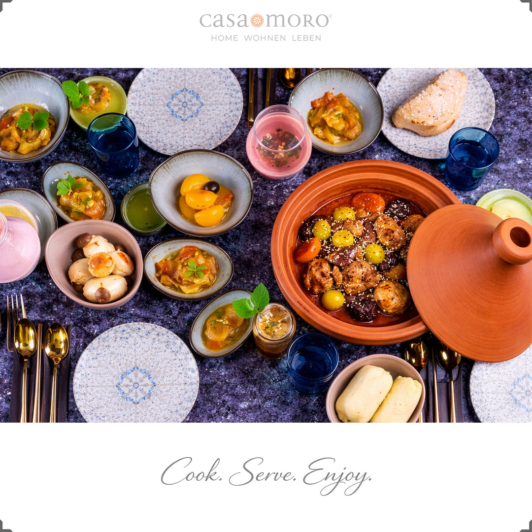 Genial Tajine de Marruecos 34 cm con cordero, aceitunas y especias aromáticas, preparado listo para servir