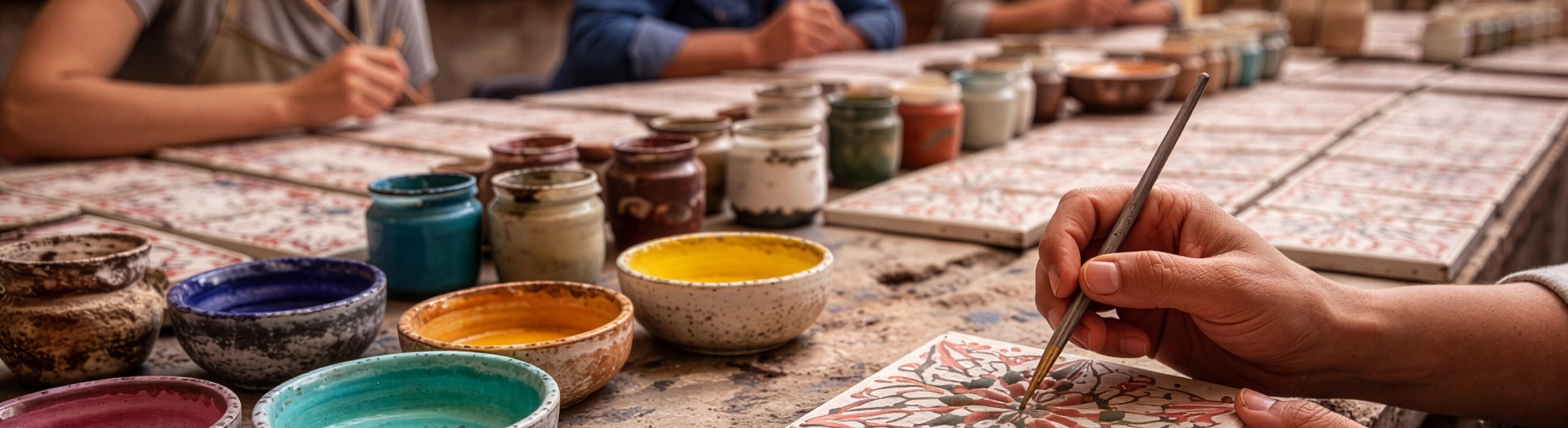 Azulejos pintados a mano – Taller tradicional en Marruecos pintando azulejos de cerámica pintados a mano.