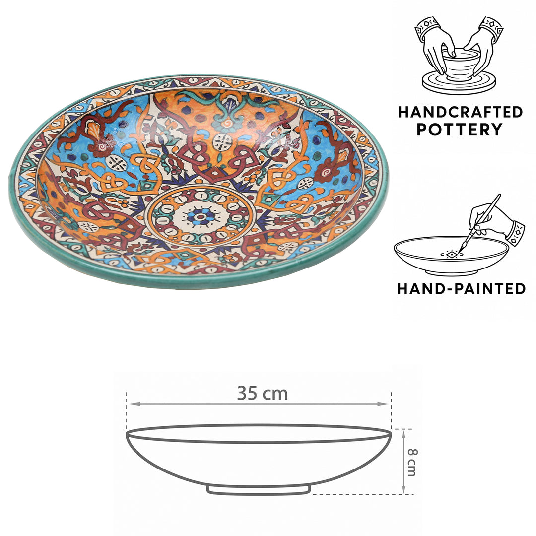 Cuenco de cerámica marroquí de Fez, pintado a mano con motivos florales y geométricos, de 35 cm de diámetro y 8 cm de altura
