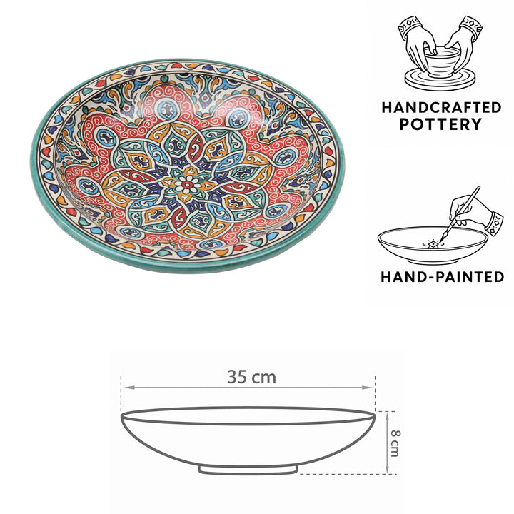 Cuenco de cerámica pintado a mano con motivos decorativos en turquesa, rojo, naranja y azul — 35 cm de diámetro