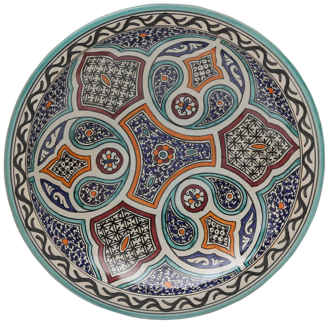 Cuenco de cerámica marroquí de Fez – turquesa y naranja – Ø 35 cm