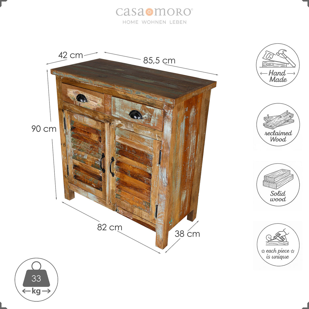 Maßskizze eines Highboards aus massivem Holz, Höhe 90 cm, Breite 82 cm, Tiefe 38 cm, freigestellt