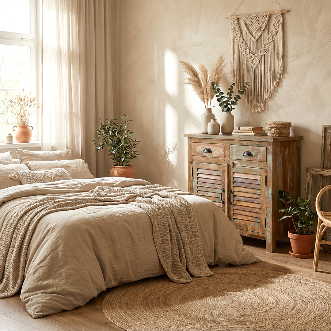 Highboard aus massiv Holz im Schlafzimmer, Boho-Stil, natürliche Textilien, warmes Licht