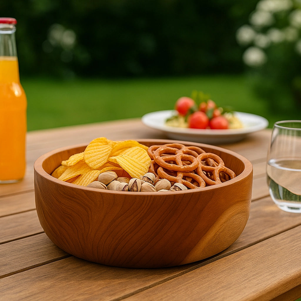 Massive Holzschale aus Teakstammring mit Snacks auf Gartentisch im Außenbereich