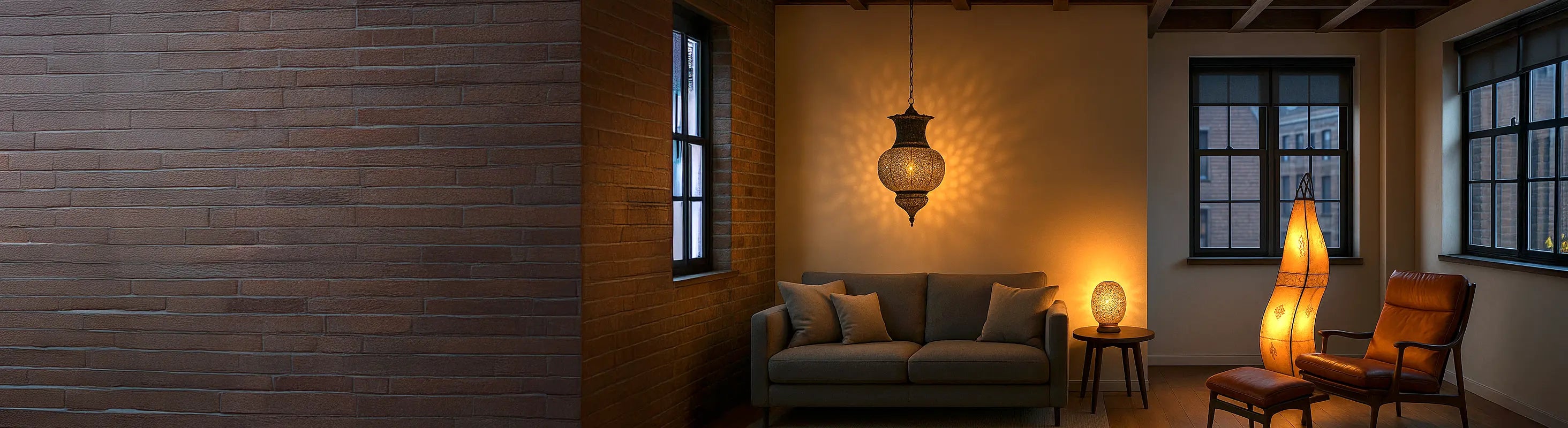 Lámparas y luminarias – Wohnzimmer mit orientalischer Hängelampe, Tischlampe und Stehlampe – stimmungsvolle Beleuchtung neben Sofa und Sessel