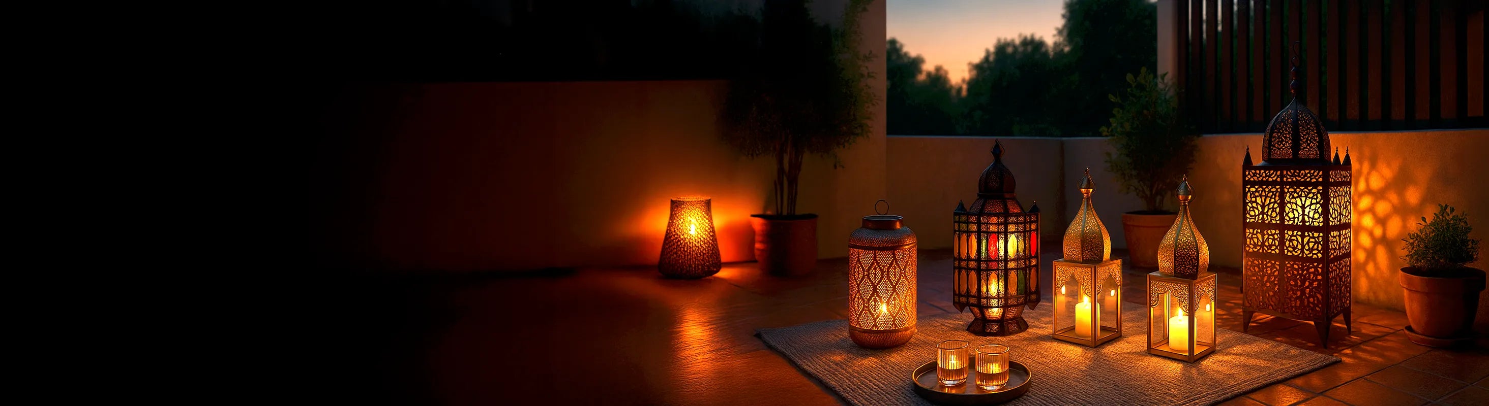 faroles – Orientalische Laternen mit Kerzen auf Terrasse bei Sonnenuntergang – stimmungsvolle Außenbeleuchtung für Garten und Balkon