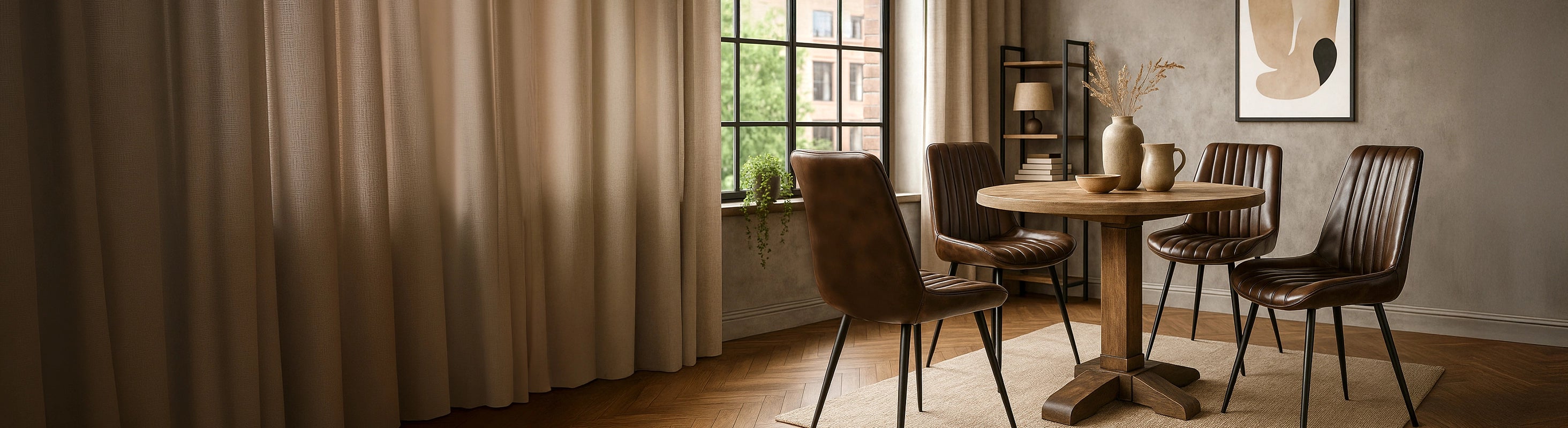 sillas de cuero – Sillas de cuero marrón en la mesa redonda del comedor en el salón - sillas de comedor con estructura metálica en el salón moderno