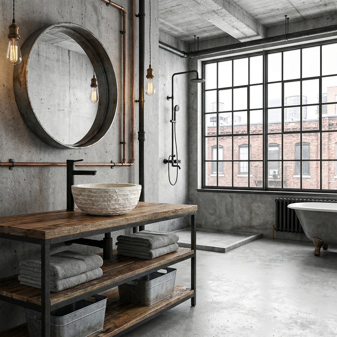 Lavabo sobre encimera redondo de piedra natural con superficie texturizada sobre una consola de madera y metal en un baño estilo loft industrial