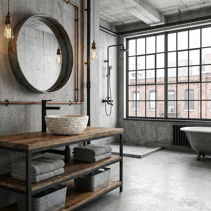 Lavabo sobre encimera redondo de piedra natural con superficie texturizada sobre una consola de madera y metal en un baño estilo loft industrial