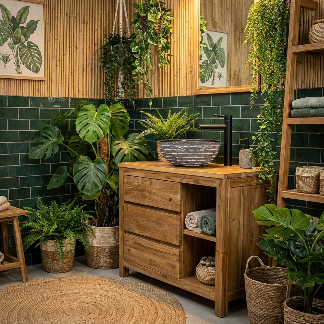 Lavabo sobre encimera de piedra redonda sobre tocador de madera en un baño verde con plantas, azulejos oscuros y accesorios negros