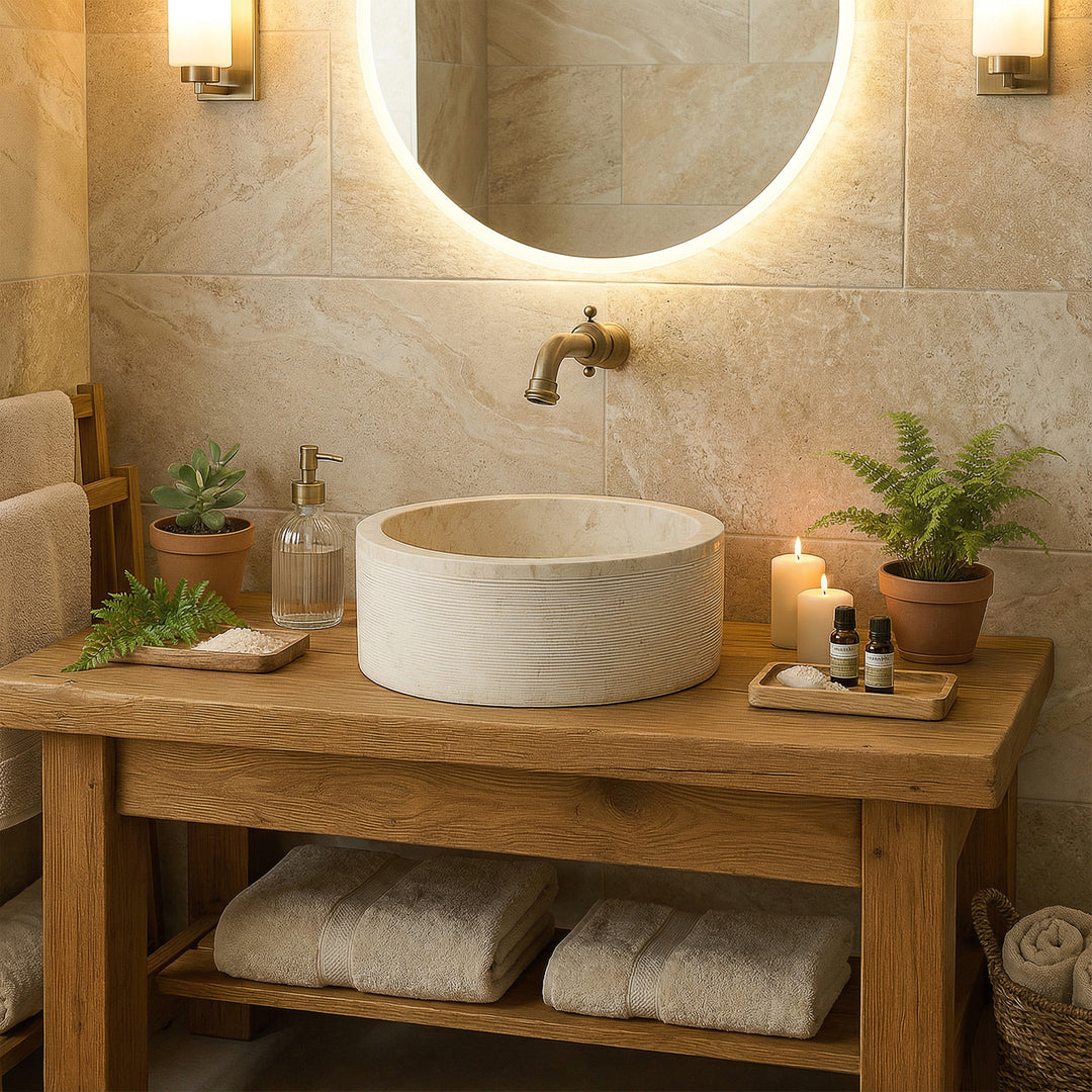 Lavabo sobre encimera redondo de mármol claro sobre un lavabo de madera, ambientado armoniosamente en el cálido baño spa con velas.