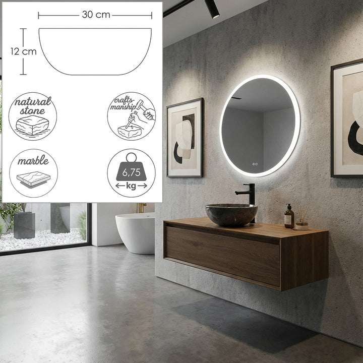 Lavabo sobre encimera redondo de piedra natural sobre un lavabo flotante de madera en un baño moderno con gráficos dimensionales integrados