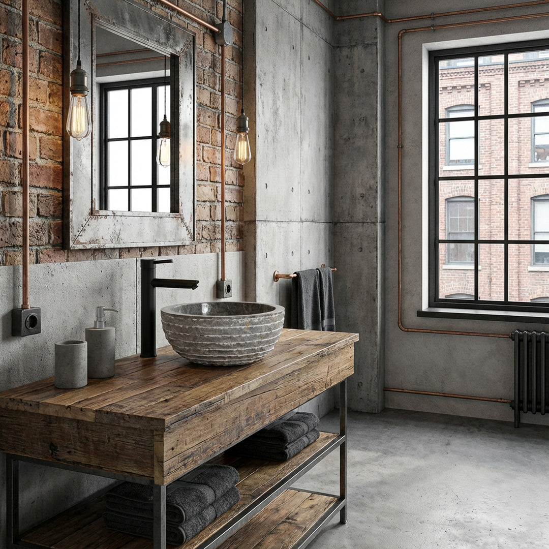Fregadero redondo de piedra de mármol sobre una mesa rústica de madera en un baño industrial con hormigón visto, ladrillo y accesorios negros