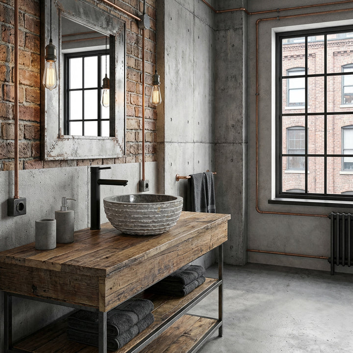 Fregadero redondo de piedra de mármol sobre una mesa rústica de madera en un baño industrial con hormigón visto, ladrillo y accesorios negros