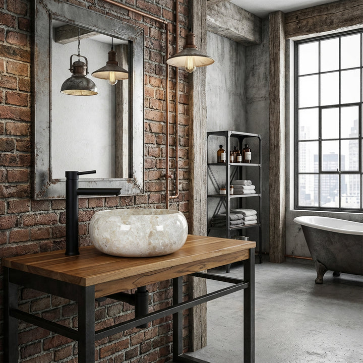 Lavabo sobre encimera redondo de mármol claro sobre un lavabo de madera con accesorios negros en un baño estilo loft industrial