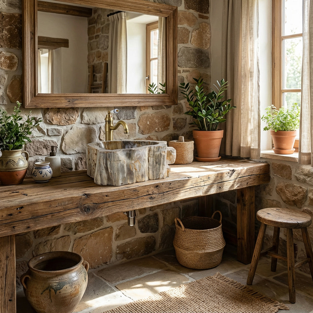Lavabo de piedra sobre encimera con estructura de madera fósil sobre consola de madera rústica, baño natural con pared de piedra y luz natural.