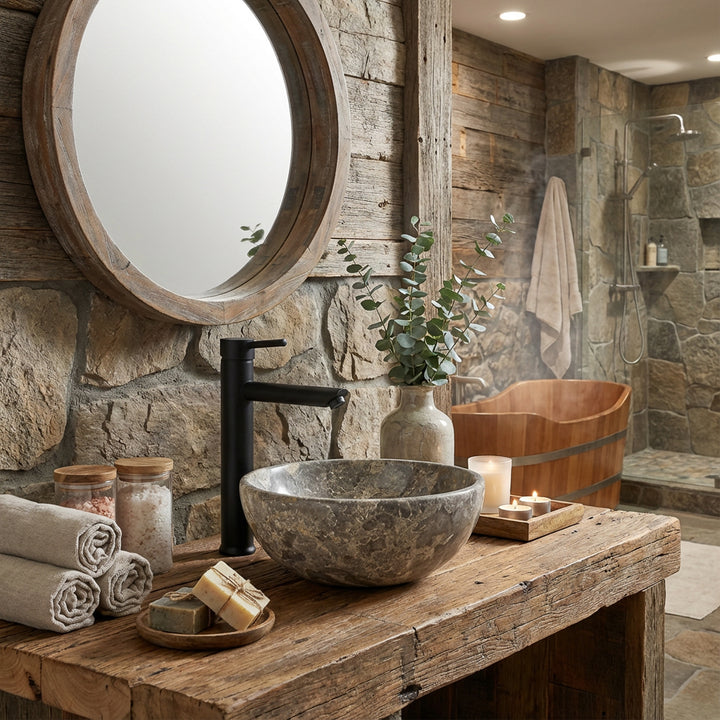 Lavabo redondo de piedra natural con vetas de color marrón grisáceo sobre una mesa de madera maciza en el baño rústico del spa, combinado con accesorios negros, bañera de madera, velas y paredes de piedra natural