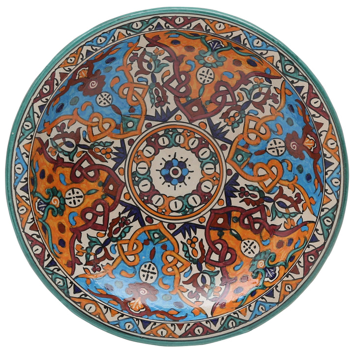 Cuenco de cerámica marroquí de Fez, pintado a mano en turquesa y naranja, Ø 35 cm