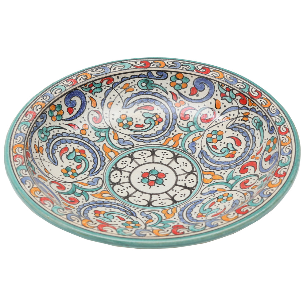 Gran cuenco marroquí de cerámica con borde turquesa y decoración floral