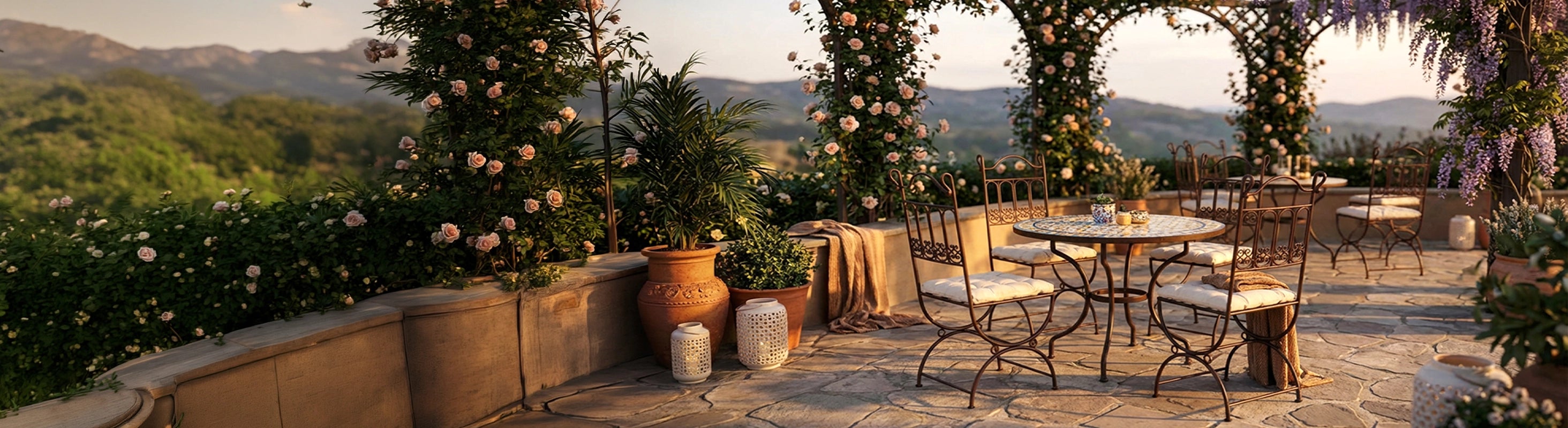 sillas metalicas – Sillas de hierro metálico marroquí en la terraza con mesa de mosaico en el jardín - sillas forjadas a mano para exterior y comedor