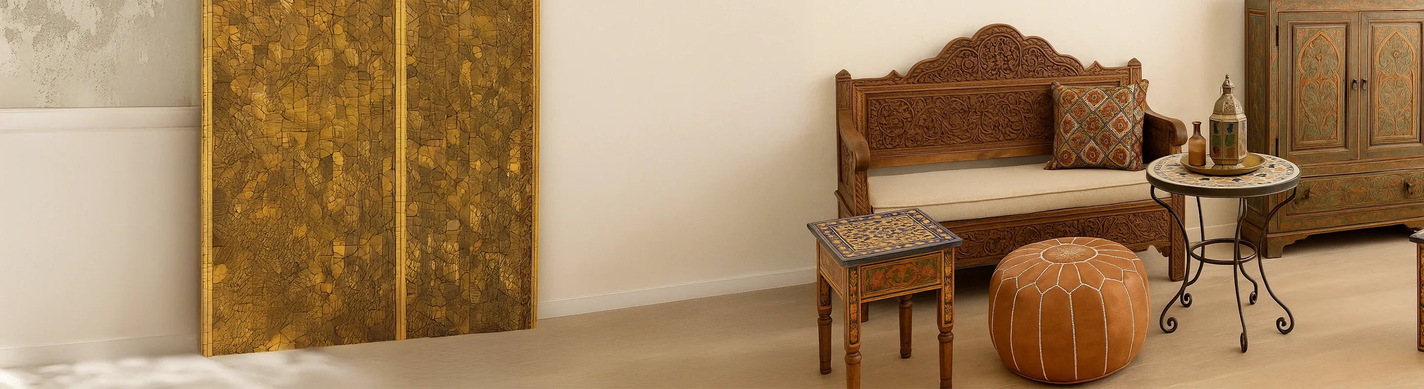muebles marroquíes – Un salón elegantemente amueblado con muebles marroquíes hechos a mano de madera, mosaicos y metal con un diseño oriental.