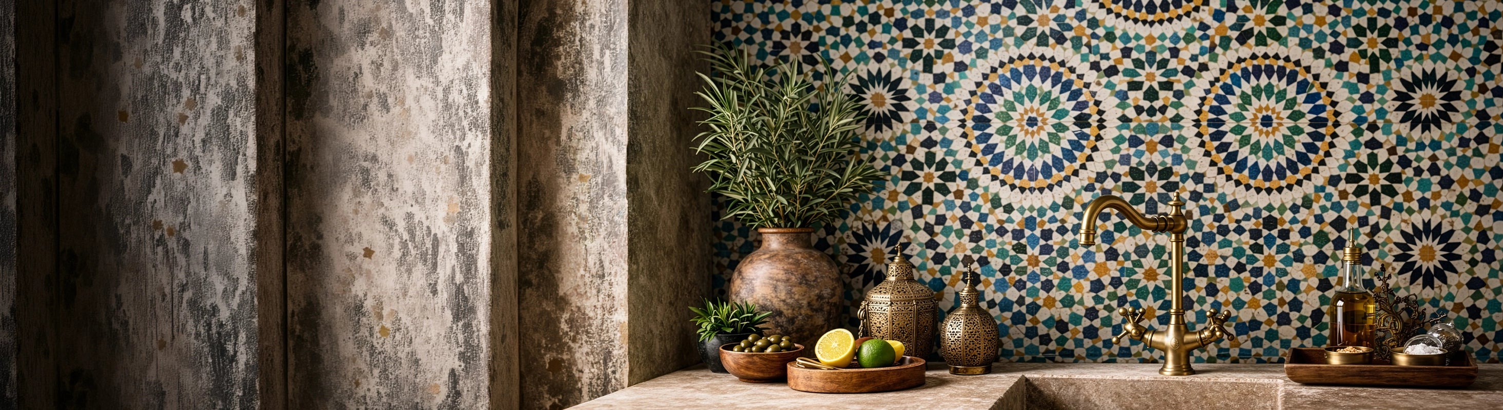Azulejos Zellige – Marokkanische Zellige Fliesen mit traditionellem geometrischem Muster als Wandgestaltung in einer orientalisch inspirierten Küch