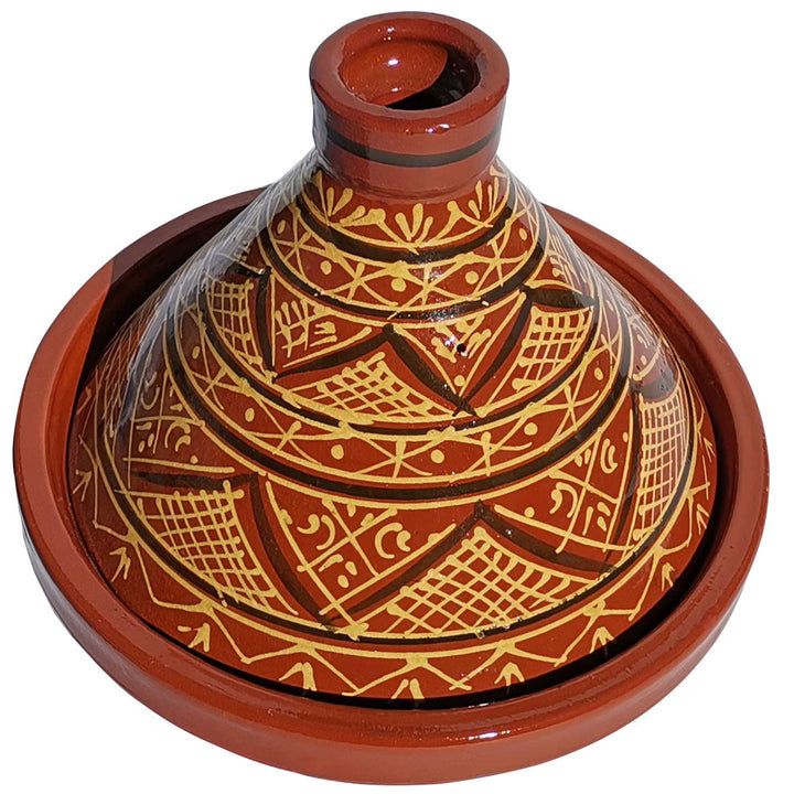 Marroquí glaseado Tajine hecha de arcilla con decoración de henna, cazuela tradicional para recetas aromáticas