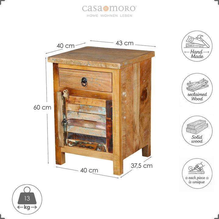 Maßskizze einer Kommode aus massivem Holz mit Schublade und Tür, Maße 60 × 43 × 40 cm