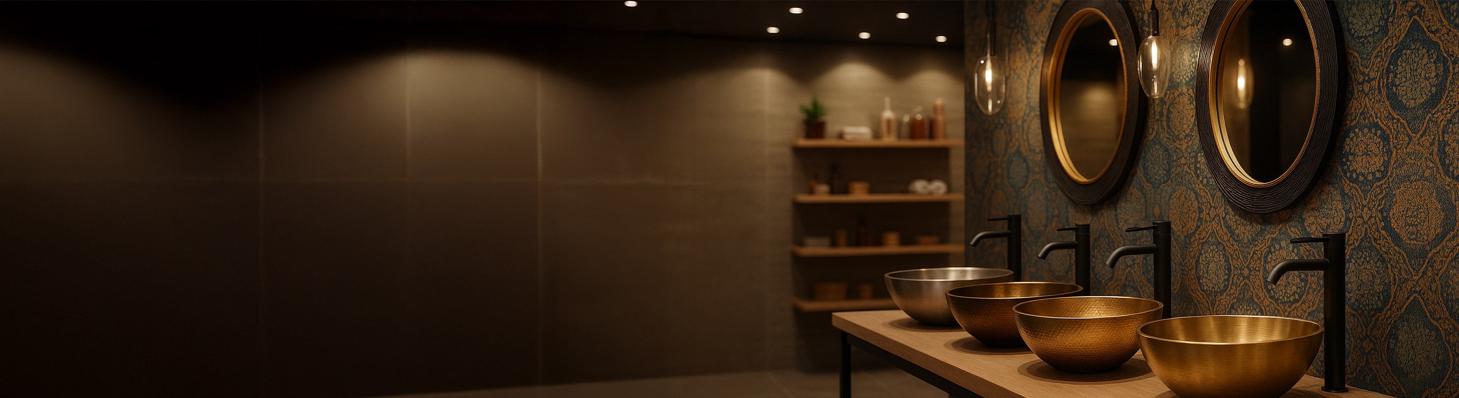 Lavabo metálico – Vier hochwertige Metall-Waschbecken in verschiedenen Formen aus Gold, Bronze und Edelstahl auf Holzplatte vor gemusterter Wand mit Spiegeln