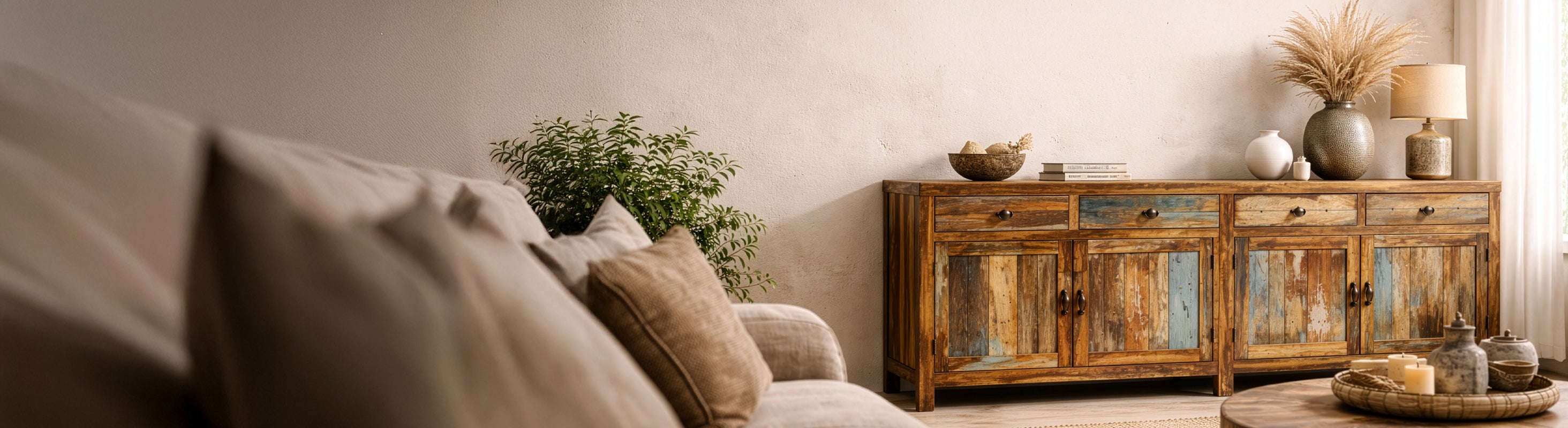 muebles de madera maciza – Banner der Creative Collection mit HANDMADE Möbeln aus Massivholz und Mango-Altholz im Vintage-Boho-Stil