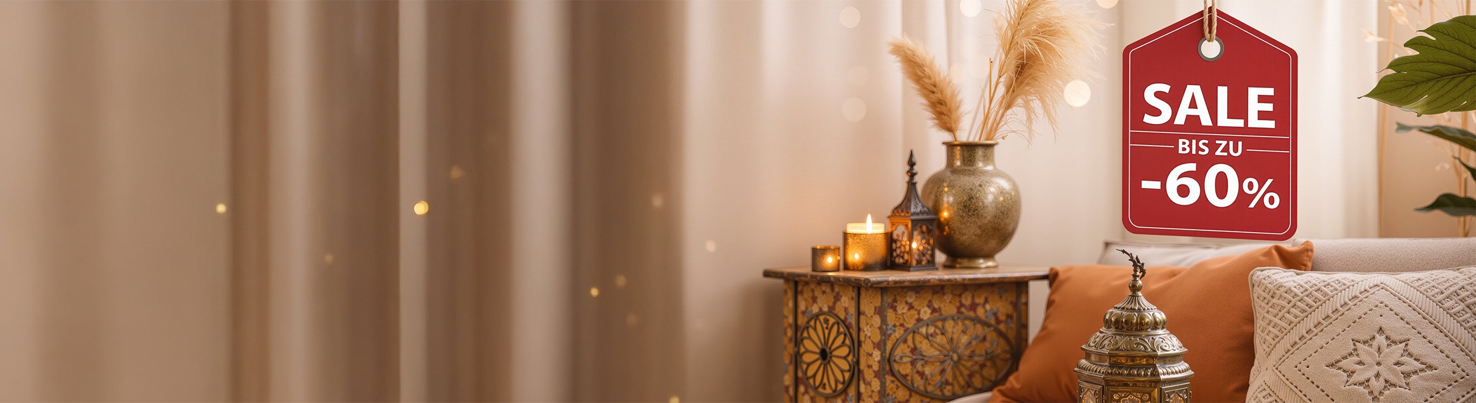 % Sale – Escena de vida boho con muebles orientales, luz cálida y Sale-Nota hasta 60% de descuento